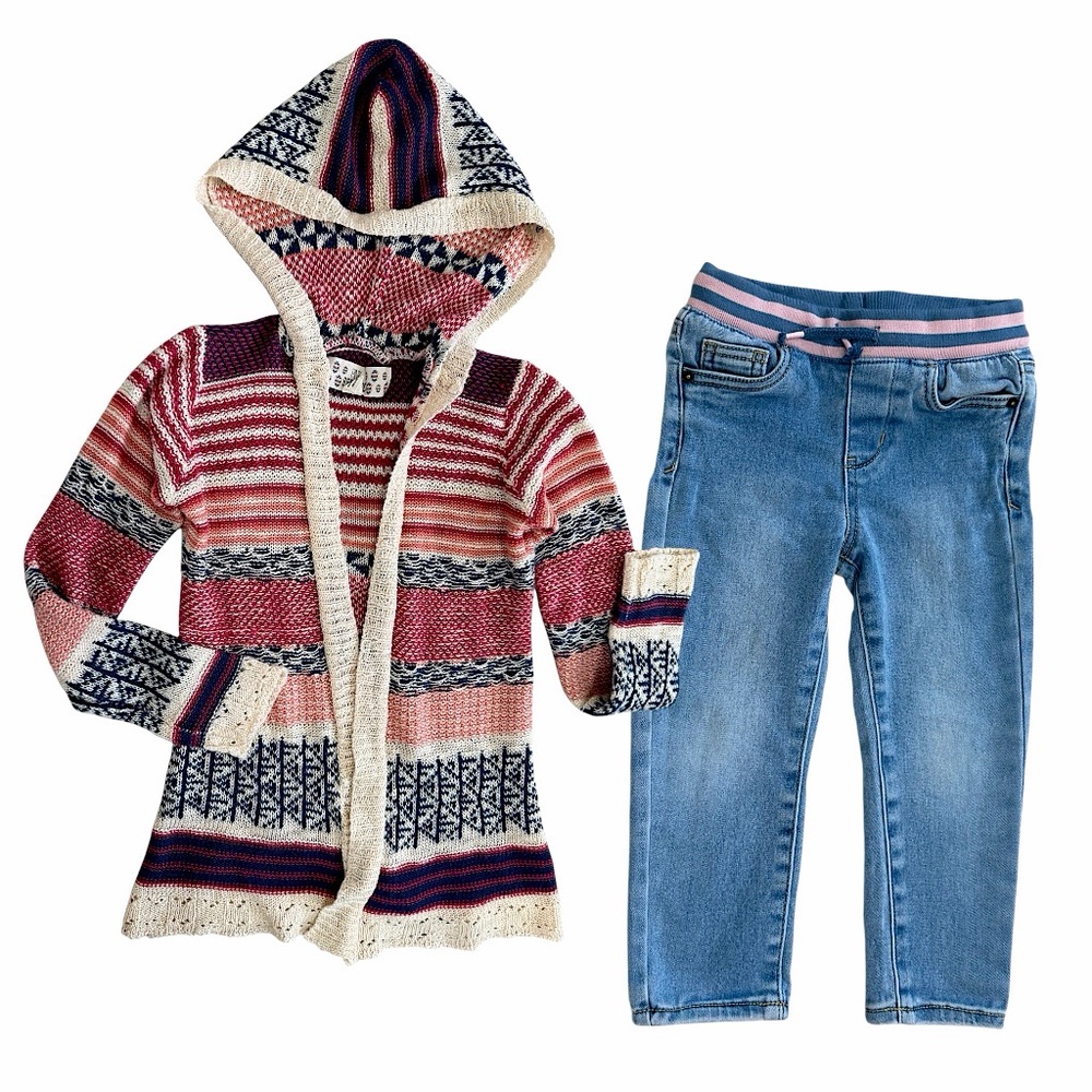 Y2k Toddler Girl Boho Knit Mixed Media Cardigan & Matching Jeans Set 3T